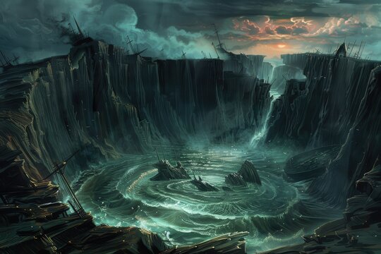 Dark and stormy cliffs with a whirlpool of shipwrecks