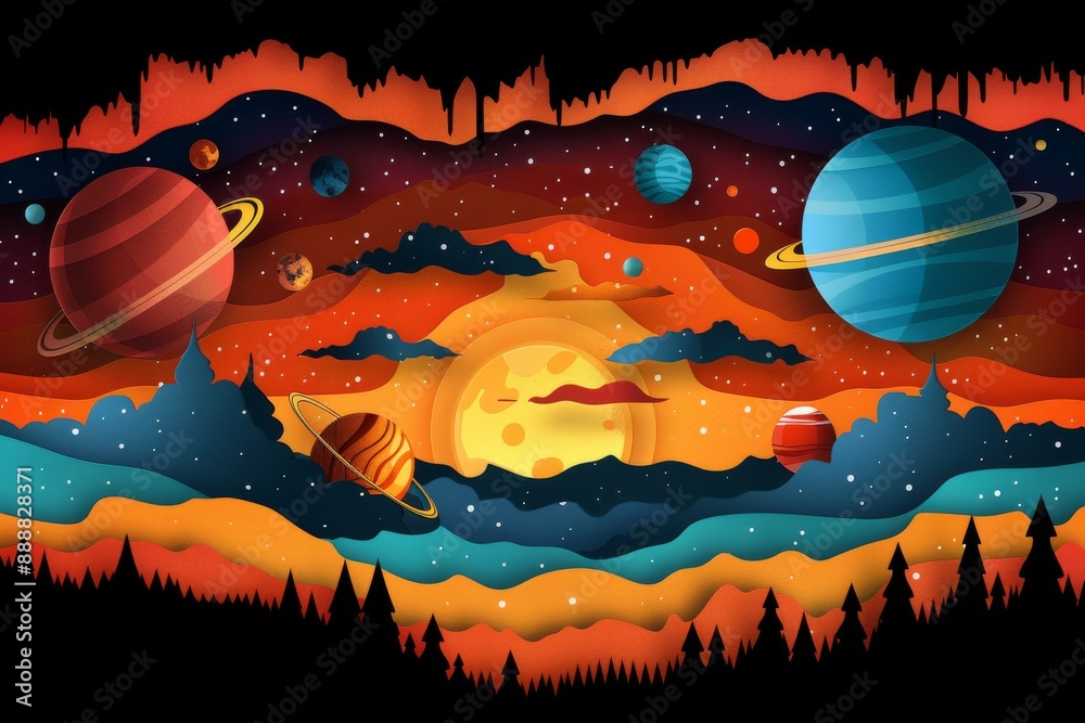 Poster Colorful cosmic scene with planets and stars in a lively and imaginative design featuring vibrant hues