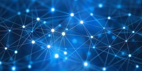 Fototapeta premium Abstract digital landscape with glowing particles and lines on a dark blue backdrop, symbolizing technology. 