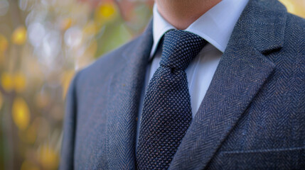 Close-up of a man tie knot , businessman wearing a formal blue suit with knitted navy blue tie for business background and financial success concept image