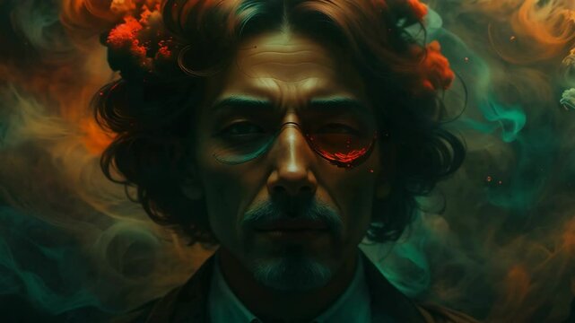 Horror animation, death morphing. Portrait of a man in glasses turns into a skull with colored hair, mystical fantasy looping