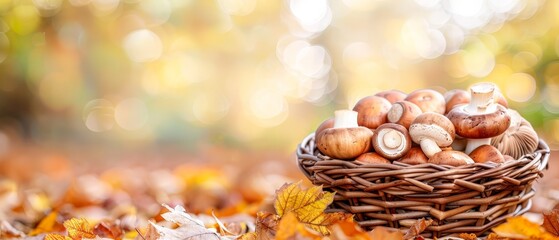 Fototapeta premium A basket brimming with numerous mushrooms atop a mound of leaves