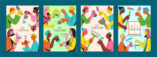 Set of posters with multicultural team of young people flat vector illustration. Unity in diversity. People are doing something together. Repair work, gardering, cleaning, making coffee. Multinational