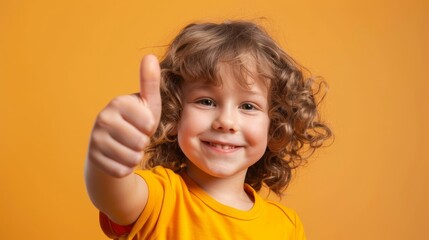 A smiling young child with curly hair gives a thumbs up, wearing an orange shirt against an orange background, showing positivity.