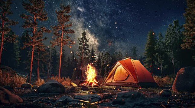 Glowing tent beside a bonfire in a forest under a starry night sky, creating a magical and cozy camping scene
 Seamless looping 4k time-lapse virtual video animation Generated AI
