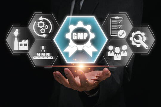 Good Manufacturing Practice (GMP) Concept with Icons Representing Quality Control, Compliance, and Safety in Industrial Production