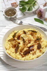 Brown Butter Potato Mash with fried sage leaves