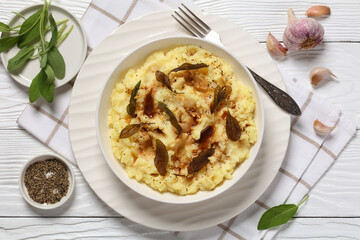 Brown Butter Potato Mash with fried sage leaves