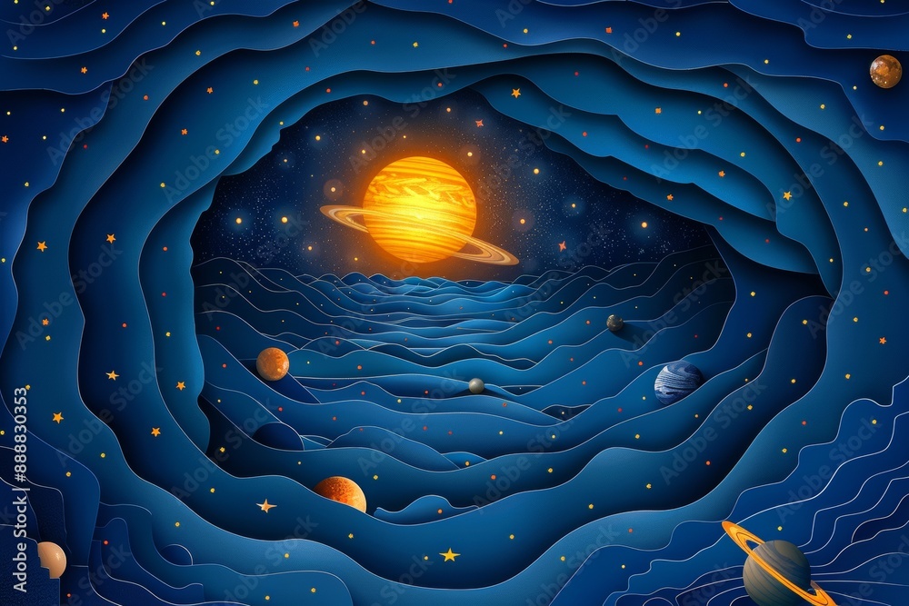 Sticker Blue cosmic landscape with planets and stars in a detailed and imaginative design featuring vibrant colors