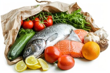 Fresh seafood and vegetables spread on parchment paper with a rustic style. Perfect for culinary blogs, recipes, and food presentations. Generative AI