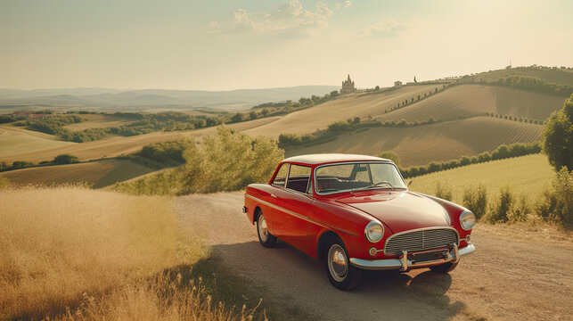 Vintage red car in the Tuscan hills. Tourism and travel concept background. Created with generative AI technology.