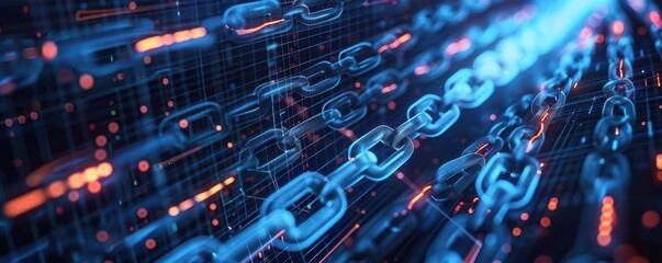 Blockchain network, holographic data flow, futuristic tech design