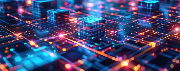 Blockchain network, holographic data flow, futuristic tech design