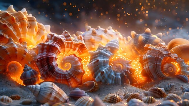 A collection of shells with some of them glowing in the dark