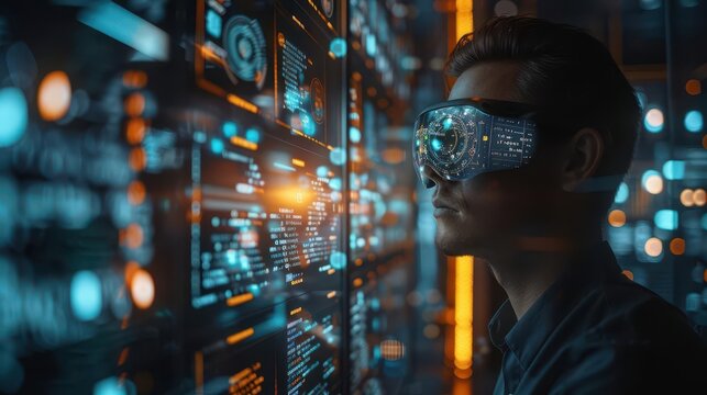 Digital code simulation, augmented reality debugging, innovative tech workspace