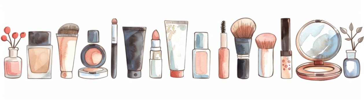 Watercolor illustration of diverse makeup products, including foundation, lipstick, brushes, and mirror, perfect for beauty and cosmetic themes.