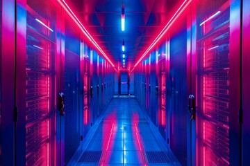 Fototapeta premium Futuristic Glowing Server Room With Pink And Blue Neon Lights