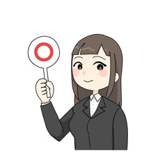 丸の札を持つOL