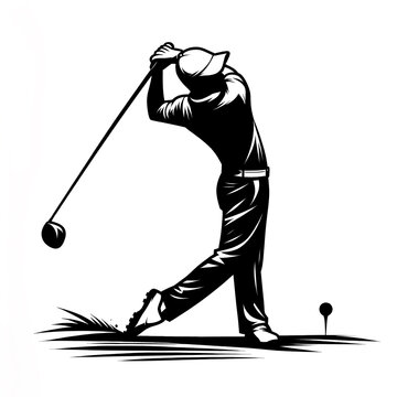 Isolated black and white vector illustration of a male golfer performing a golf swing on a white background.