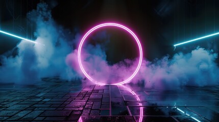 Obraz premium Neon Ring and Smoke in a Dark Space