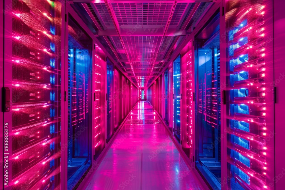 Poster futuristic glowing pink and blue server room with rows of computer racks