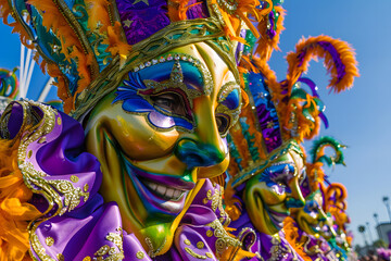 Fototapeta premium Mardi Gras Carnival in New Orleans. The Krewes, brotherhoods, are a very important part. They are the ones in charge of organizing the parades, floats, uniforms and dances on the big day.