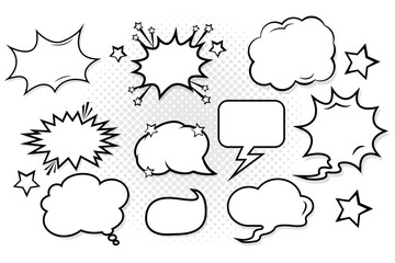  Set of  beautiful graphic pop art speech bubbles in cartoon style. Vector illustration of empty speech bubbles of different shapes in pop art style with halftone effect isolated on white background.