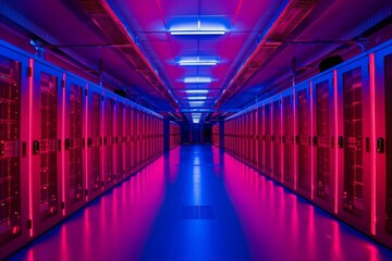 Futuristic server room with bright neon lights illuminating the aisles between tall racks of servers