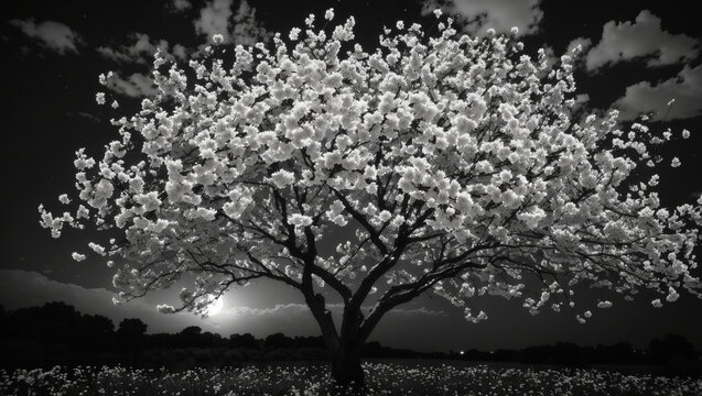 arge, blooming tree with white flowers against a dark sky. The moon is partially visible behind the tree.