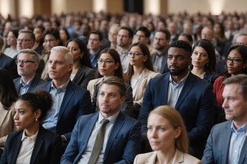 Obraz premium Large crowd of people in business attire sit in conference room focused and attentive