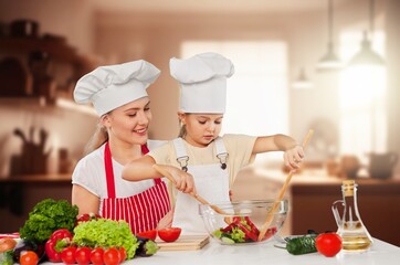 Healthy food concept. Happy family cook at kitchen