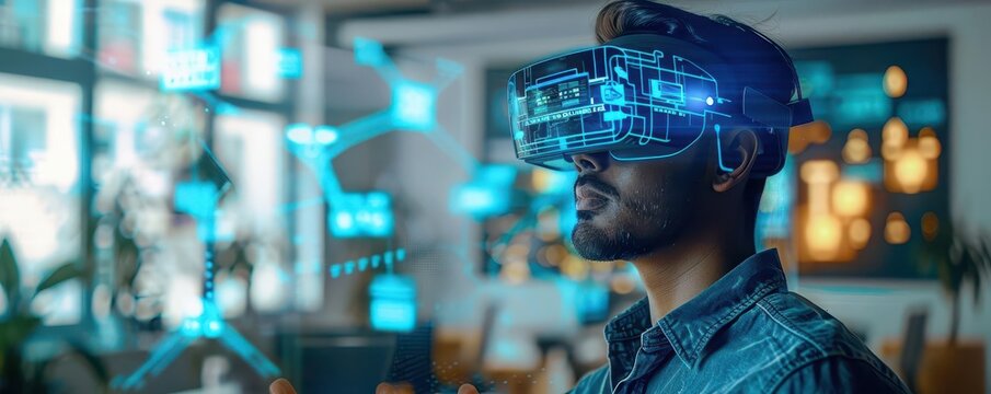 Tech startup hub, augmented reality brainstorming, hightech office interior