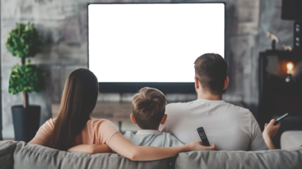 Family with remote control sitting on couch and watching TV at home, Rear view, Blank white TV Screen