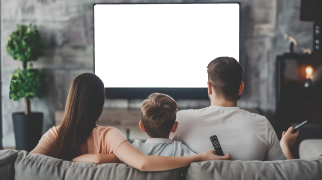 Family with remote control sitting on couch and watching TV at home, Rear view, Blank white TV Screen