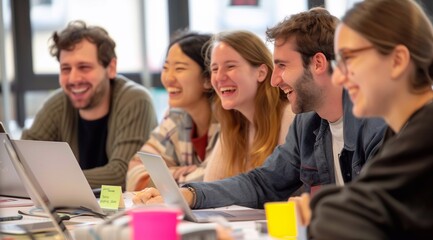 Happy young office colleagues collaborating and smiling working in a digital tech startup, business team building workshop event with multiethnic people.