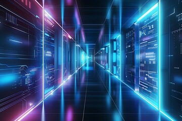 Fototapeta premium Futuristic digital corridor with glowing AI elements, representing advancements in artificial intelligence and modern technology
