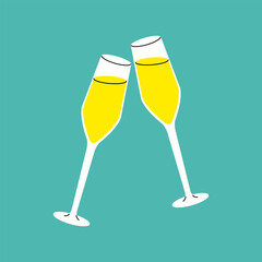 Two champagne flutes filled with yellow liquid clink together in a toast.
