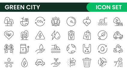 Line icons about green city. Sustainable development. Contains such icons as renewable energy, autonomous building, air and water quality.