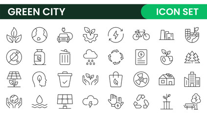 Line icons about green city. Sustainable development. Contains such icons as renewable energy, autonomous building, air and water quality.