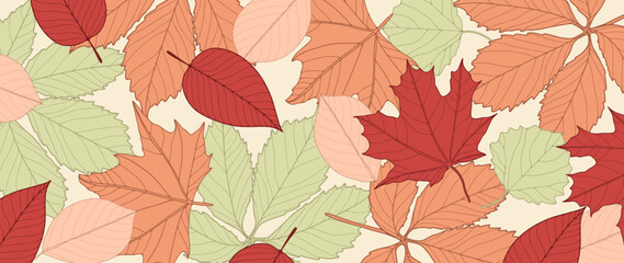 Colorful autumn foliage background. Vector botanical illustration with different types of leaves