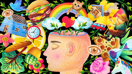 open human body head conscious imagine memory growing brain power idea mind mental health spiritual universe concept calm in chaos breath healing art illustration watercolor painting collage design