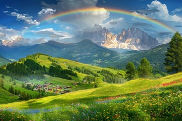 Fototapeta premium Picturesque mountain landscape with vibrant rainbow over lush green valley