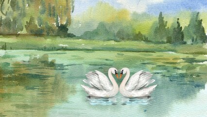 nature illustration with two swans in watercolor © Ira