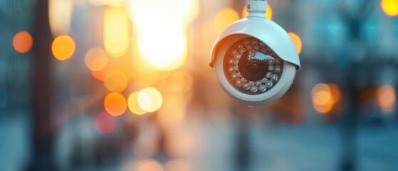  A tight shot of a security camera overlooking a cityscape with indistinct buildings in the background