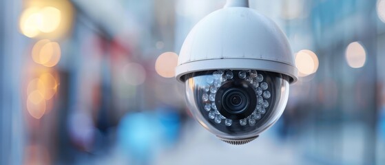  A security camera mounted on a building's side, facing a city street with a blurred background