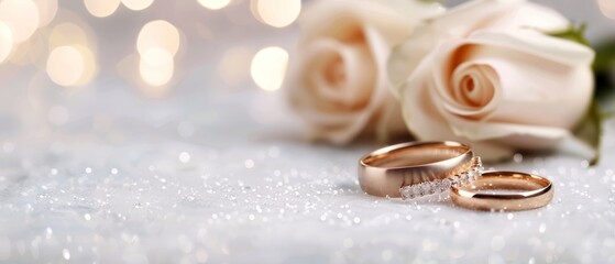  Two wedding rings resting side by side on a table, surrounded by white roses and lit by warm background lights
