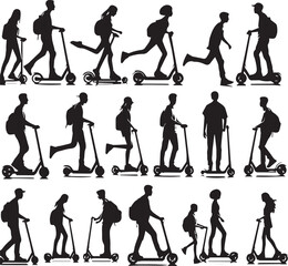 Obraz premium People men women and children riding kick electric urban scooter vector silhouette collection