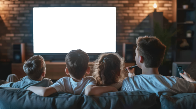 Family with remote control sitting on couch and watching TV at home, Rear view, Blank white TV Screen