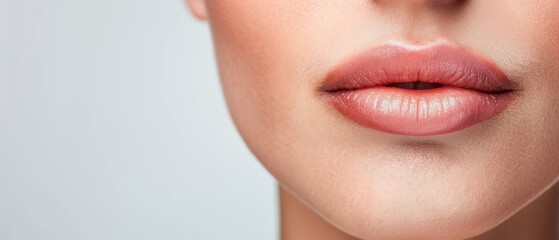 Obraz premium A woman's face, focus on lips painted pink, against a light gray backdrop