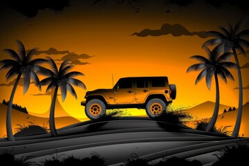 Sunset off road adventure with a jeep and palm trees in a dramatic tropical landscape